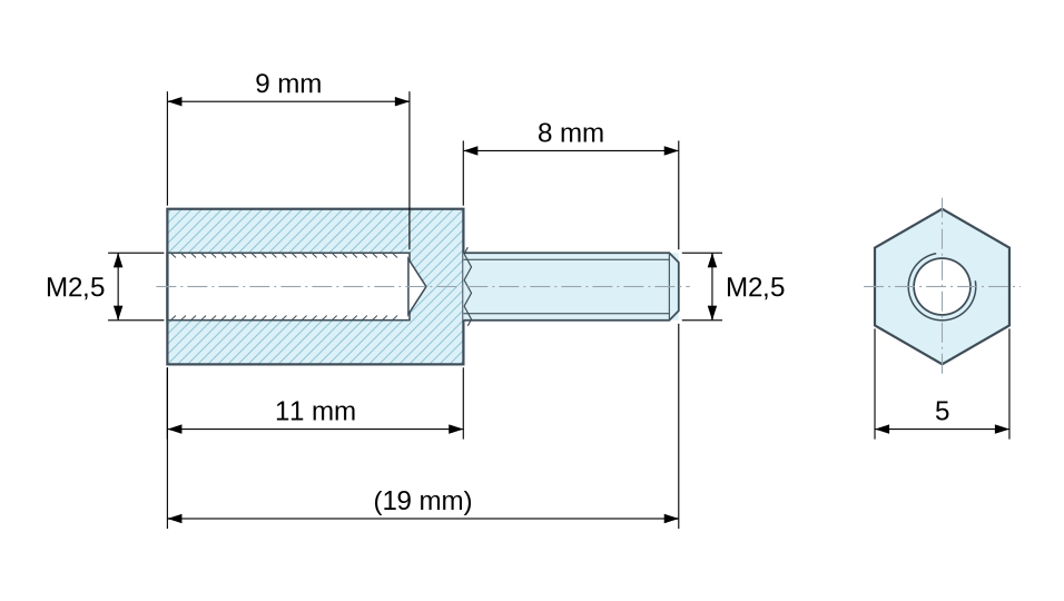 Plan coté Entretoise hexagonale filetée mâle/femelle plastique polyamide PA6.6 M2,5 - 5 mm sur plats Plan coté Entretoise hexagonale filetée mâle/femelle plastique polyamide PA6.6 M2,5 - 5 mm sur plats
