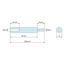 Plan coté 30 mm / 8 mm, Entretoise hexagonale filetée mâle/femelle plastique polyamide PA6.6 M2,5 - 5 mm sur plats