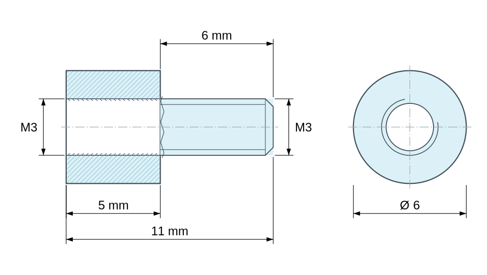 Plan coté Entretoise ronde filetée mâle/femelle plastique polyamide PA6.6 M3 - Ø6 mm Plan coté Entretoise ronde filetée mâle/femelle plastique polyamide PA6.6 M3 - Ø6 mm