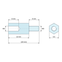Plan coté 12 mm / 6 mm, Entretoise hexagonale filetée mâle/femelle plastique polyamide PA6.6 naturel UL94-V0 M3 - 5,5 mm sur plats