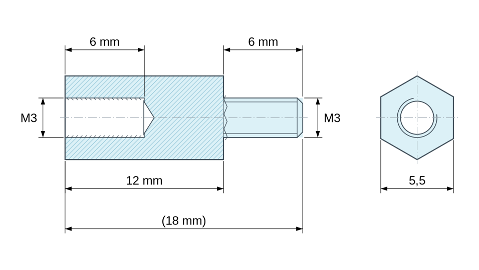 Plan coté Entretoise hexagonale filetée mâle/femelle plastique polyamide PA6.6 naturel UL94-V0 M3 - 5,5 mm sur plats Plan coté Entretoise hexagonale filetée mâle/femelle plastique polyamide PA6.6 naturel UL94-V0 M3 - 5,5 mm sur plats