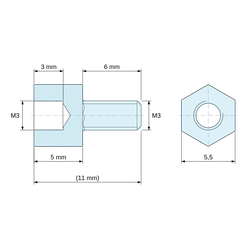 Plan coté 5 mm / 6 mm, Entretoise hexagonale filetée mâle/femelle plastique polyamide PA6.6 noir UL94-HB M3 - 5,5 mm sur plats