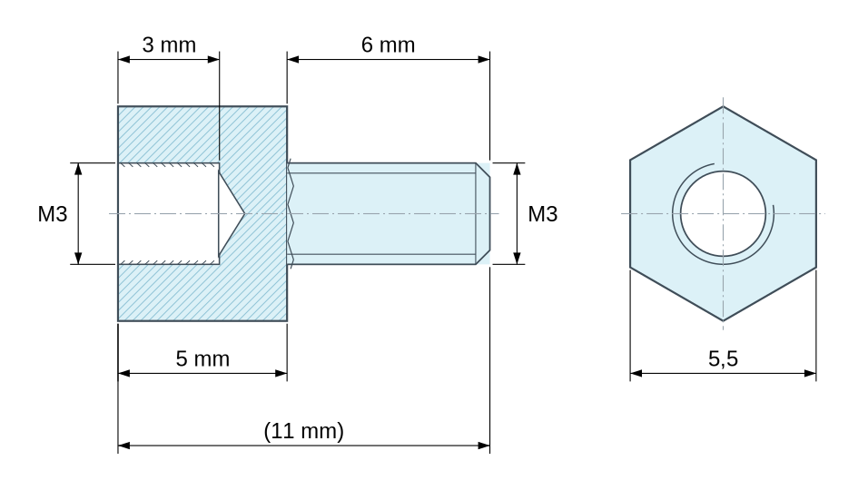 Plan coté Entretoise hexagonale filetée mâle/femelle plastique polyamide PA6.6 noir UL94-HB M3 - 5,5 mm sur plats