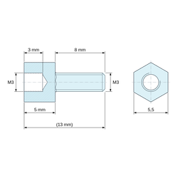 Plan coté 5 mm / 8 mm, Entretoise hexagonale filetée mâle/femelle plastique polyamide PA6.6 noir UL94-HB M3 - 5,5 mm sur plats
