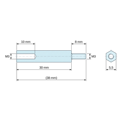 Plan coté 30 mm / 8 mm, Entretoise hexagonale filetée mâle/femelle plastique polyamide PA6.6 noir UL94-HB M3 - 5,5 mm sur plats