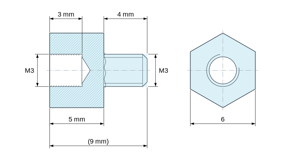 Plan coté Entretoise hexagonale filetée mâle/femelle plastique polyamide PA6.6 UL94-HB M3 - 6 mm sur plats
