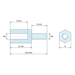 Plan coté 11 mm / 8 mm, Entretoise hexagonale filetée mâle/femelle plastique polyamide PA6.6 UL94-HB M3 - 6 mm sur plats