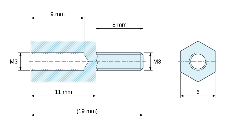 Plan coté Entretoise hexagonale filetée mâle/femelle plastique polyamide PA6.6 UL94-HB M3 - 6 mm sur plats