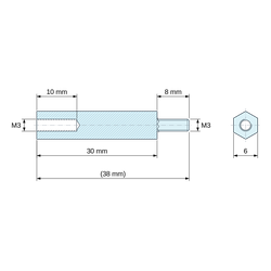 Plan coté 30 mm / 8 mm, Entretoise hexagonale filetée mâle/femelle plastique polyamide PA6.6 UL94-HB M3 - 6 mm sur plats