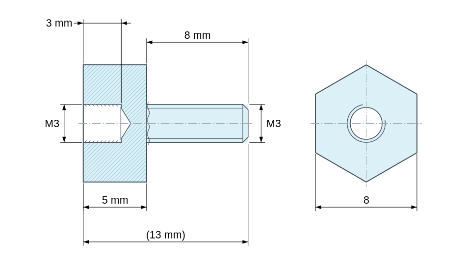 Plan coté Entretoise hexagonale filetée mâle/femelle plastique polyamide PA6.6 M3 - 8 mm sur plats