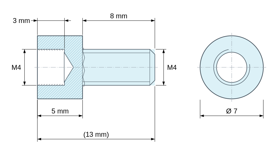 Plan coté Entretoise ronde filetée mâle/femelle plastique polyamide PA6.6 M4 - Ø7 mm