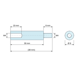 Plan coté 30 mm / 8 mm, Entretoise ronde filetée mâle/femelle plastique polyamide PA6.6 M4 - Ø8 mm