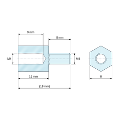 Plan coté 11 mm / 8 mm, Entretoise hexagonale filetée mâle/femelle plastique polyamide PA6.6 UL94-HB M4 - 8 mm sur plats