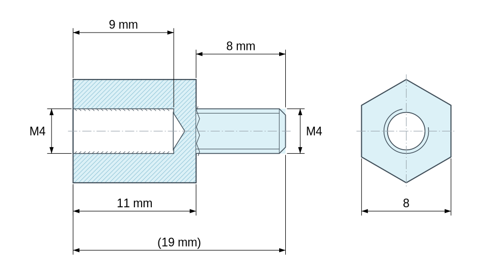 Plan coté Entretoise hexagonale filetée mâle/femelle plastique polyamide PA6.6 UL94-HB M4 - 8 mm sur plats