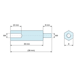 Plan coté 30 mm / 8 mm, Entretoise hexagonale filetée mâle/femelle plastique polyamide PA6.6 UL94-HB M4 - 8 mm sur plats