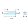 Plan coté 30 mm / 8 mm, Entretoise hexagonale filetée mâle/femelle plastique polyamide PA6.6 UL94-HB M4 - 8 mm sur plats