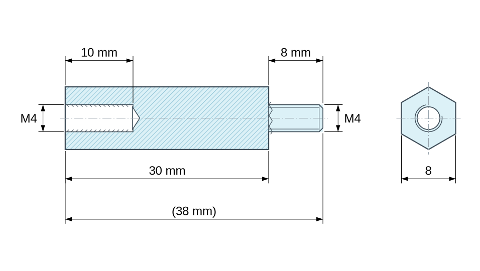 Plan coté Entretoise hexagonale filetée mâle/femelle plastique polyamide PA6.6 UL94-HB M4 - 8 mm sur plats