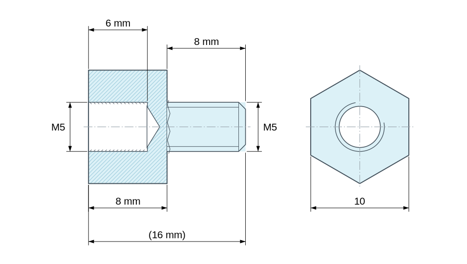 Plan coté Entretoise hexagonale filetée mâle/femelle plastique polyamide PA6.6 M5 - 10 mm sur plats