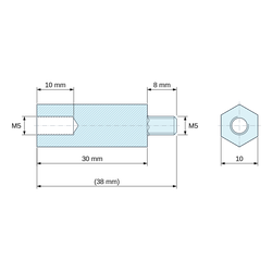 Plan coté 30 mm / 8 mm, Entretoise hexagonale filetée mâle/femelle plastique polyamide PA6.6 M5 - 10 mm sur plats