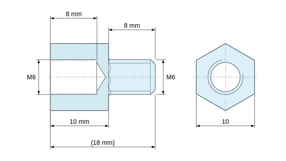Plan coté Entretoise hexagonale filetée mâle/femelle plastique polyamide PA6.6 M6 - 10 mm sur plats Plan coté Entretoise hexagonale filetée mâle/femelle plastique polyamide PA6.6 M6 - 10 mm sur plats