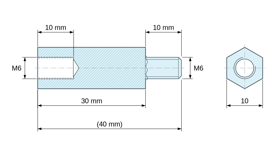 Plan coté Entretoise hexagonale filetée mâle/femelle plastique polyamide PA6.6 M6 - 10 mm sur plats