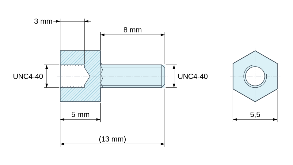 Plan coté Entretoise hexagonale filetée mâle/femelle plastique polyamide PA6.6 UL94-V2 UNC4-40 - 5,5 mm sur plats