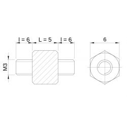 [decl 5mm / 6 mm] Entretoise hexagonale filetée mâle/mâle plastique polyamide PA6.6 M3 - 6 mm sur plats