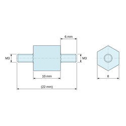 Plan coté 10 mm / 6 mm, Entretoise hexagonale filetée mâle/mâle plastique polyamide PA6.6 M3 - 8 mm sur plats