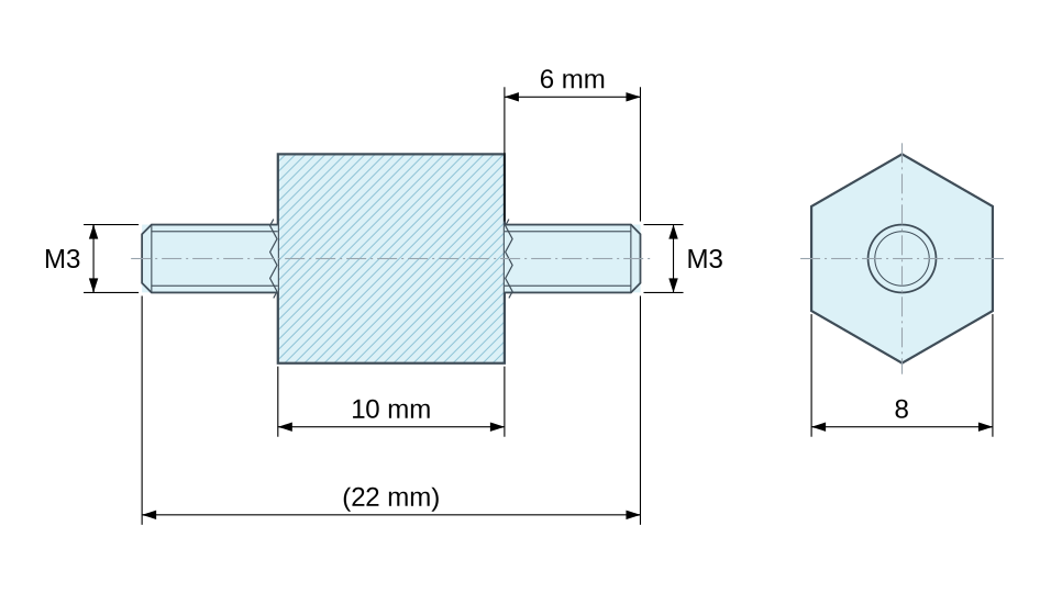 Plan coté Entretoise hexagonale filetée mâle/mâle plastique polyamide PA6.6 M3 - 8 mm sur plats