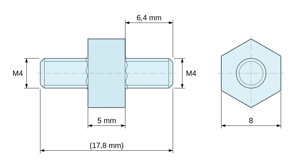 Plan coté Entretoise hexagonale filetée mâle/mâle plastique polyamide PA6.6 UL94-V2 M4 - 8 mm sur plats