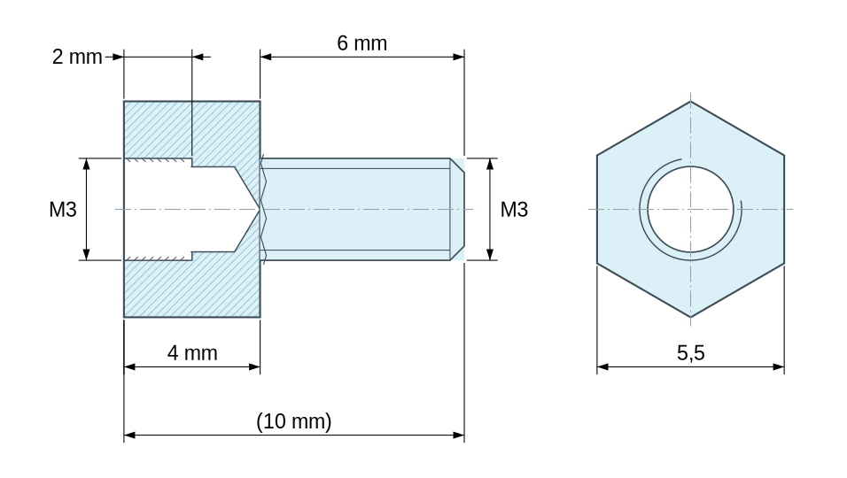 Plan coté Entretoise hexagonale filetée mâle/femelle laiton nickelé au plomb M3 - 5,5 mm sur plats