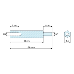 Plan coté 30 mm / 8 mm, Entretoise hexagonale filetée mâle/femelle laiton nickelé au plomb M3 - 5,5 mm sur plats