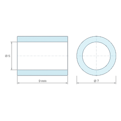 Plan coté 9 mm, Entretoise lisse aluminium Ø5x7mm pour vis M5