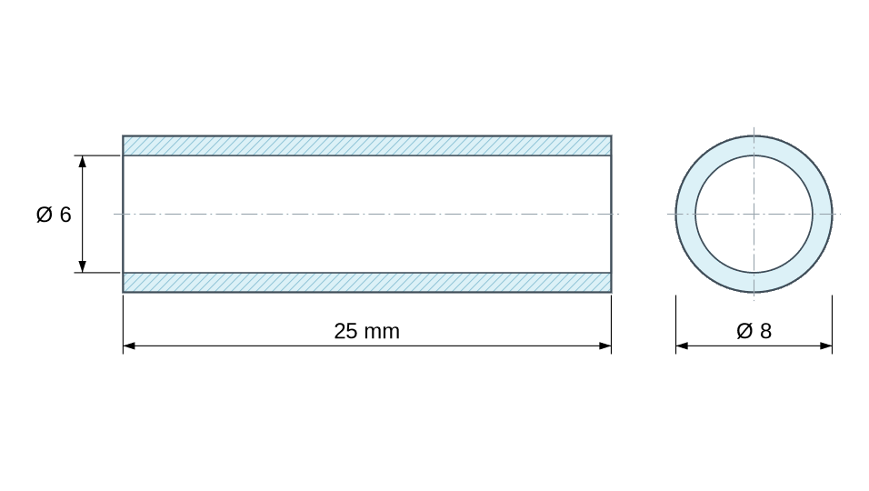 Plan coté Entretoise lisse aluminium Ø6x8mm pour vis M6 Plan coté Entretoise lisse aluminium Ø6x8mm pour vis M6