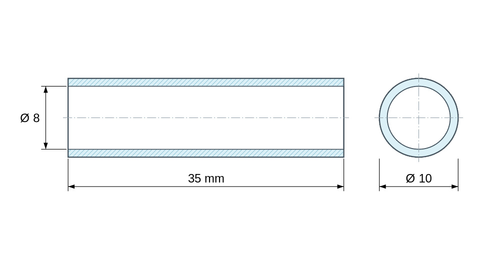 Plan coté Entretoise lisse aluminium Ø8x10mm pour vis M8
