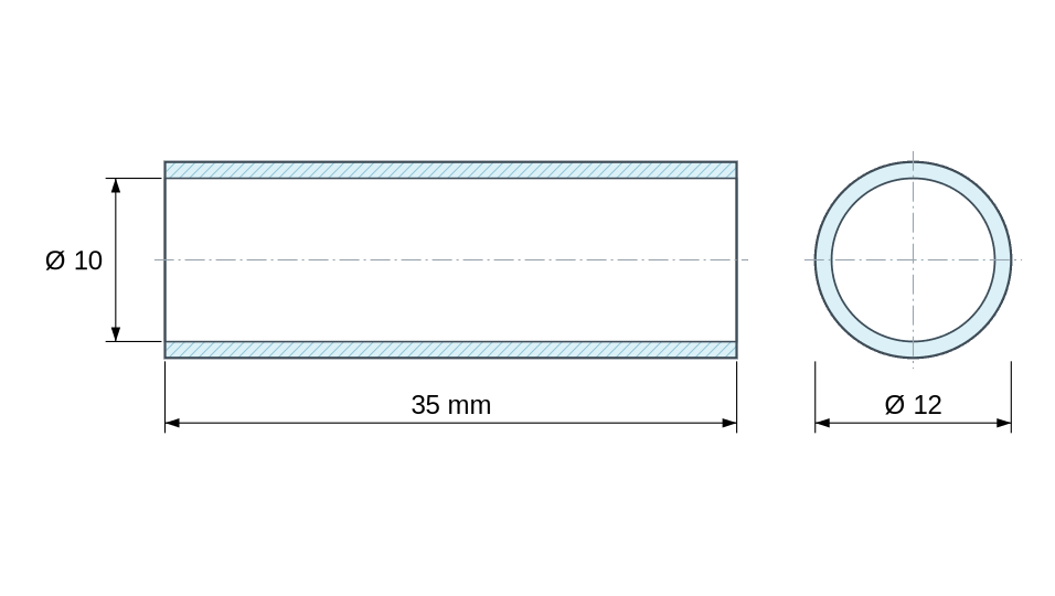 Plan coté Entretoise lisse aluminium Ø10x12mm pour vis M10