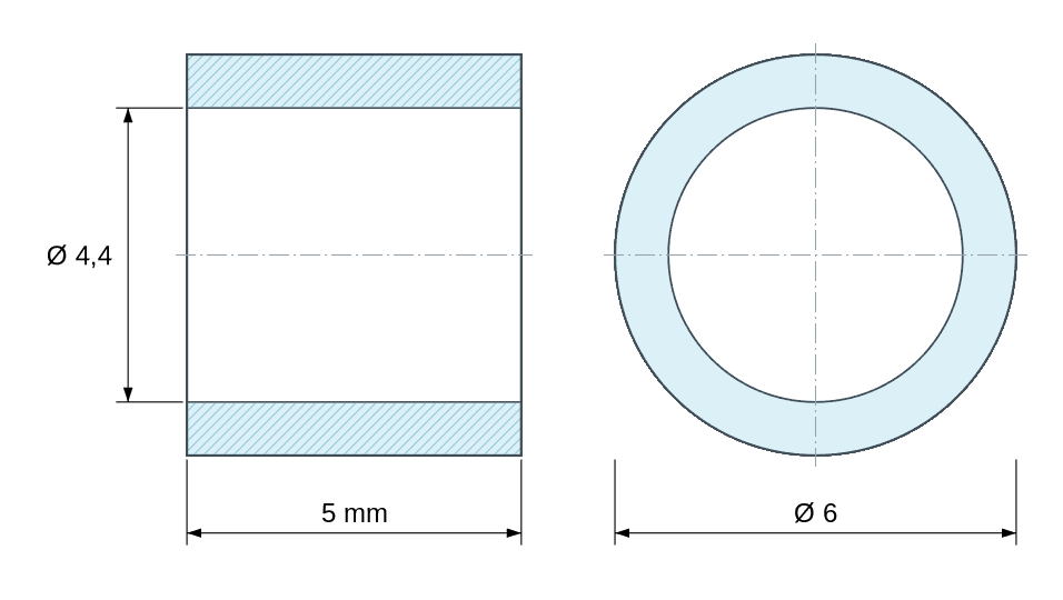 Plan coté Entretoise lisse acier inoxydable Ø4,4x6mm pour vis M4 Plan coté Entretoise lisse acier inoxydable Ø4,4x6mm pour vis M4