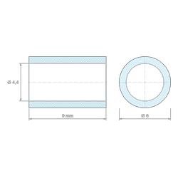 Plan coté 9 mm, Entretoise lisse acier inoxydable Ø4,4x6mm pour vis M4