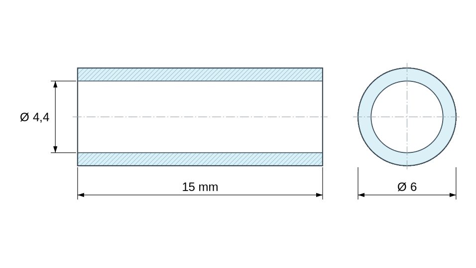 Plan coté Entretoise lisse acier inoxydable Ø4,4x6mm pour vis M4