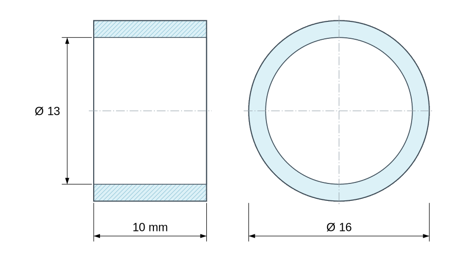 Plan coté Entretoise lisse acier inoxydable Ø13x16mm pour vis M12 Plan coté Entretoise lisse acier inoxydable Ø13x16mm pour vis M12