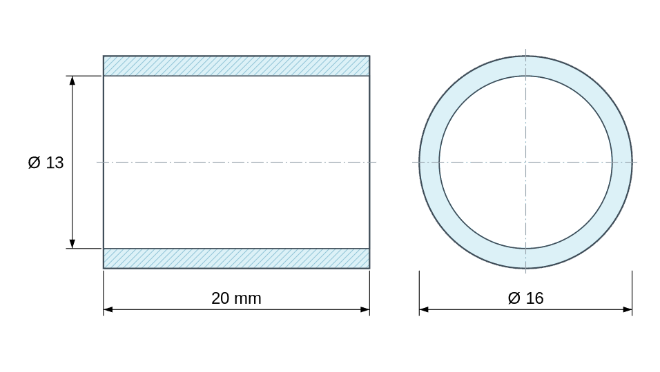 Plan coté Entretoise lisse acier inoxydable Ø13x16mm pour vis M12