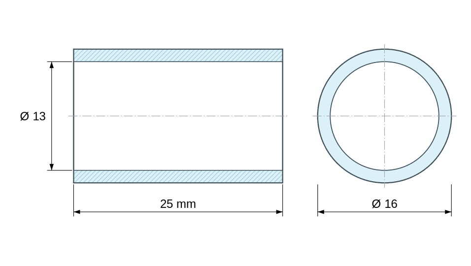 Plan coté Entretoise lisse acier inoxydable Ø13x16mm pour vis M12
