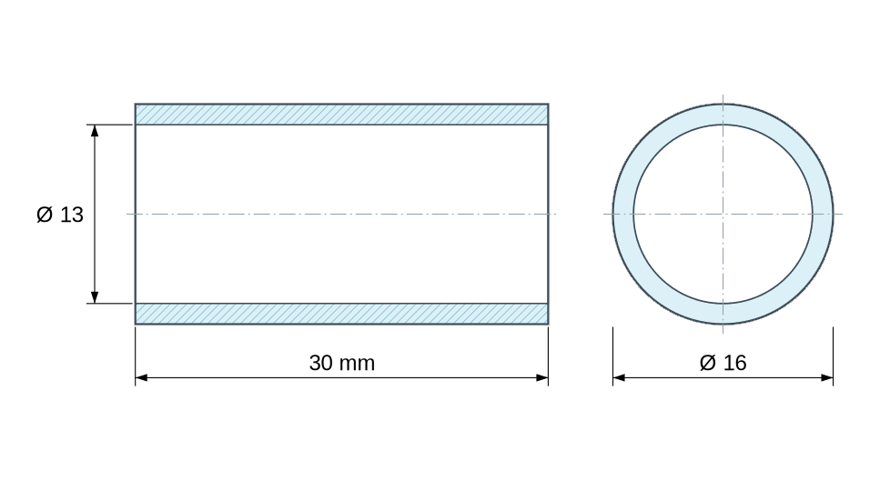 Plan coté Entretoise lisse acier inoxydable Ø13x16mm pour vis M12