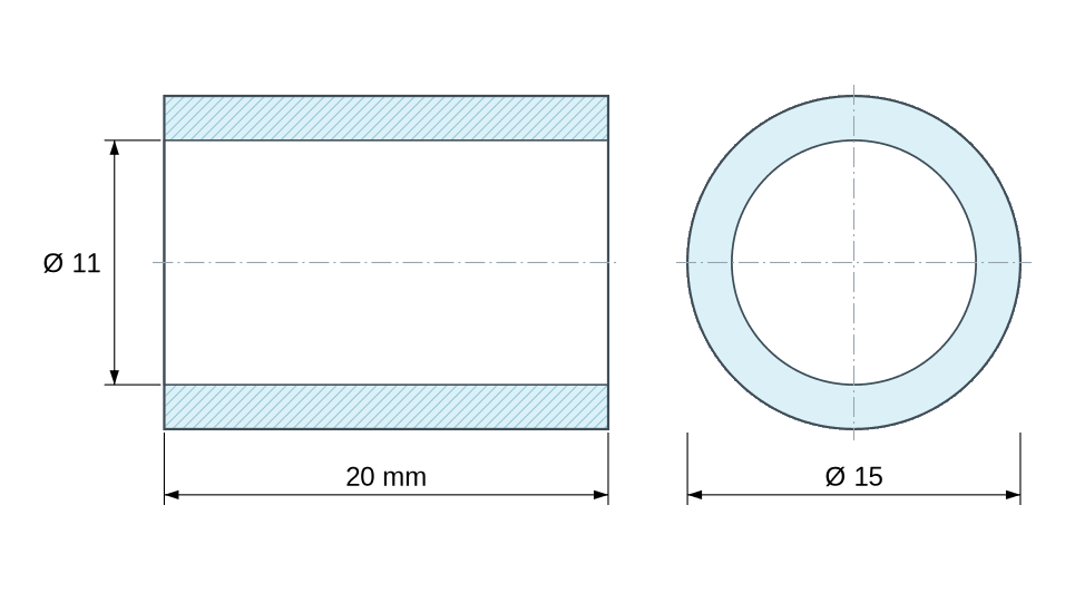 Plan coté Entretoise lisse acier inoxydable Ø11x15mm pour vis M10