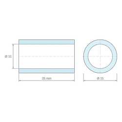 Plan coté 25 mm, Entretoise lisse acier inoxydable Ø11x15mm pour vis M10