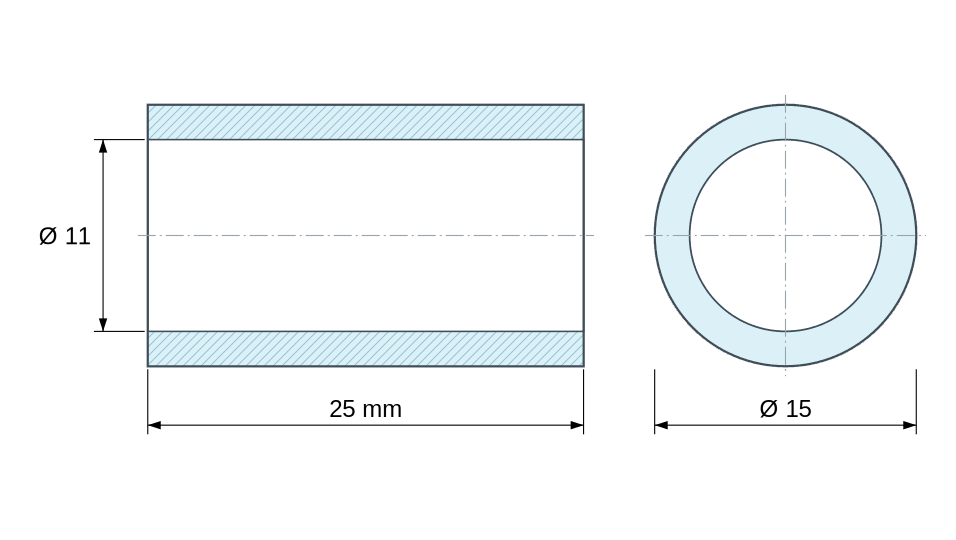 Plan coté Entretoise lisse acier inoxydable Ø11x15mm pour vis M10