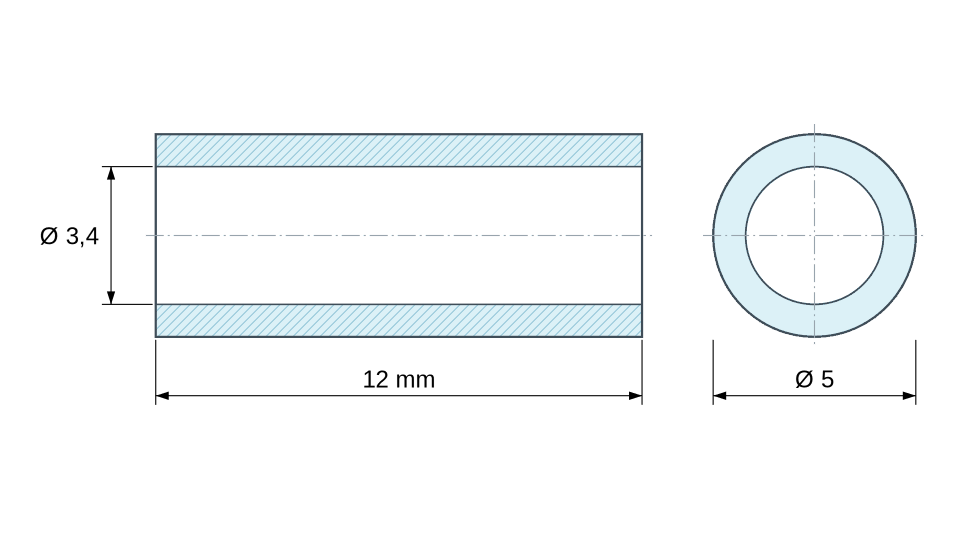Plan coté Entretoise lisse acier inoxydable Ø3,4x5mm pour vis M3