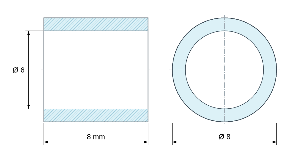 Plan coté Entretoise lisse acier inoxydable Ø6x8mm pour vis M6 Plan coté Entretoise lisse acier inoxydable Ø6x8mm pour vis M6