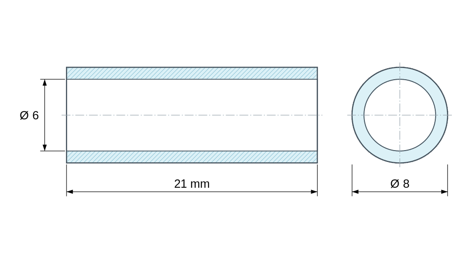 Plan coté Entretoise lisse acier inoxydable Ø6x8mm pour vis M6