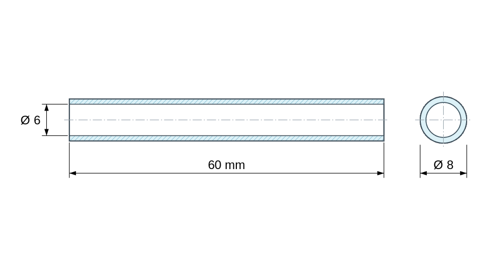 Plan coté Entretoise lisse acier inoxydable Ø6x8mm pour vis M6